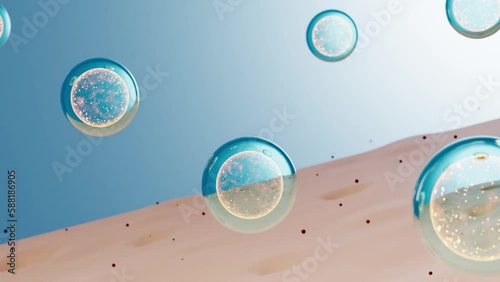 Cosmetic 3d animation of two essence bubbles merging into each other and then through the skin layer, remove all the dirt in the pores photo