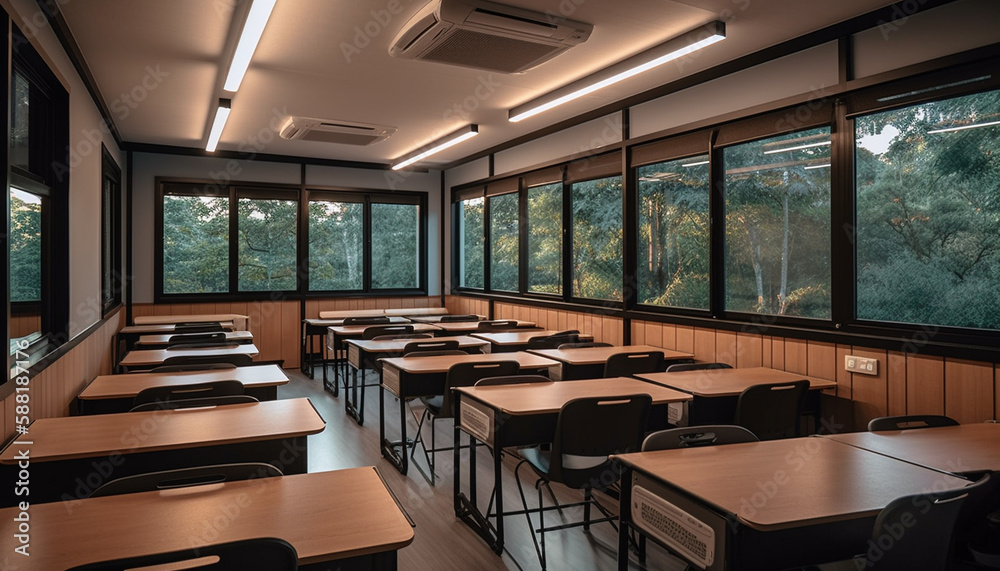 Modern classroom with empty chairs and desks generated by AI