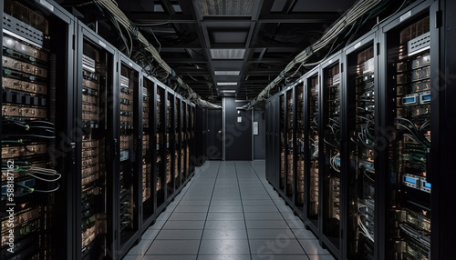 Futuristic computer equipment in row inside data center generated by AI