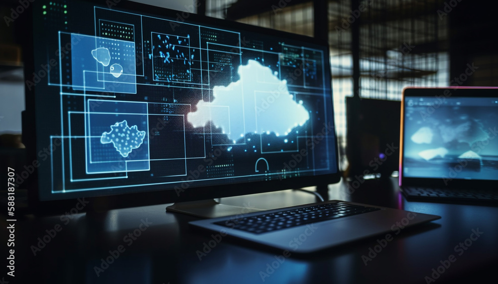 Glowing blue office desk with modern technology generated by AI Glowing blue office desk with modern technology generated by AI