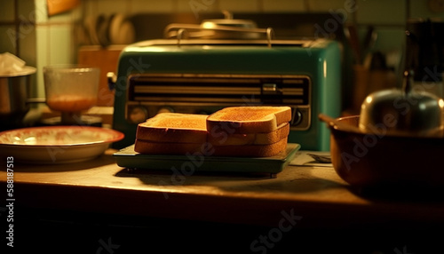 Freshly baked bread on rustic kitchen table generated by AI