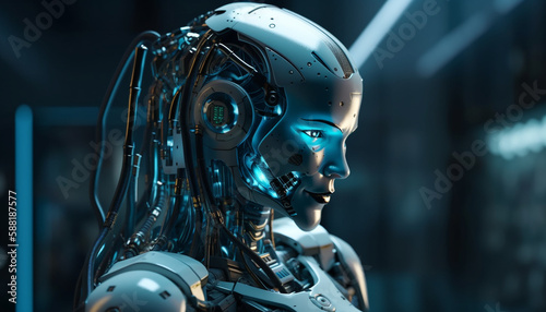 Modern cyborg engineer designs futuristic robotic machinery generated by AI
