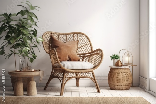 cozy corner with a wicker chair and potted plant. Generative AI