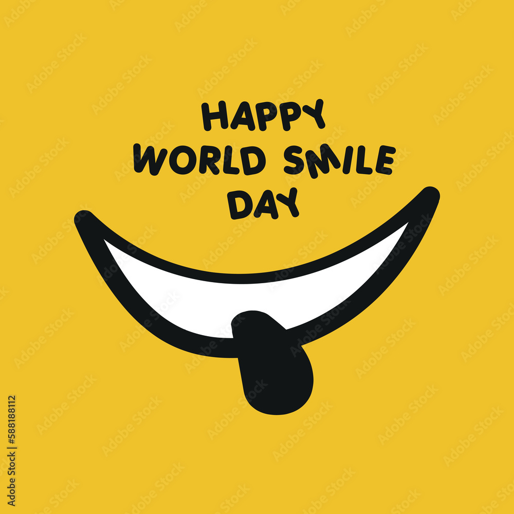 Happy world smile day banner. World smile day lettering with smile face yellow background. Good mood. Fun concept. Smile icon illustration. Happy smile day poster design.