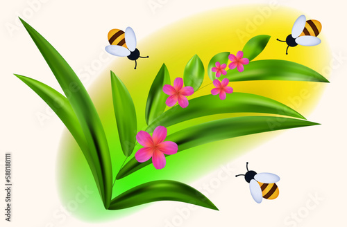 Swarm of flying bees collect honey. Branch with flowers, bees in the apiary. Vector 3d illustration. The insects pollinates the flowers. Meadow with plants, grass close-up, environment.