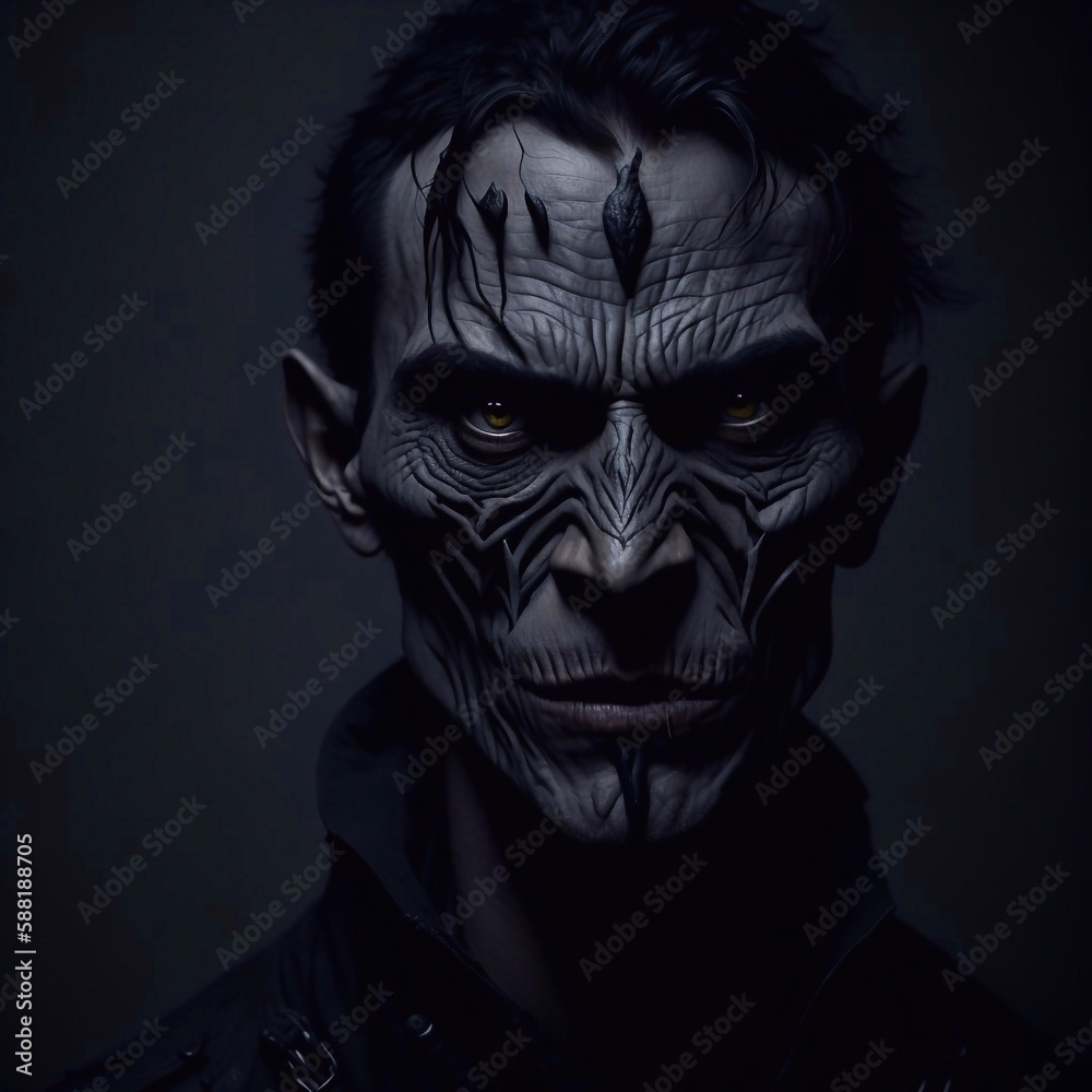 Frontal portrait of a somber character with marked features and grayish skin, dark style. Generative AI technology Frontal portrait of a somber character with marked features and grayish skin, dark style. Generative AI technology