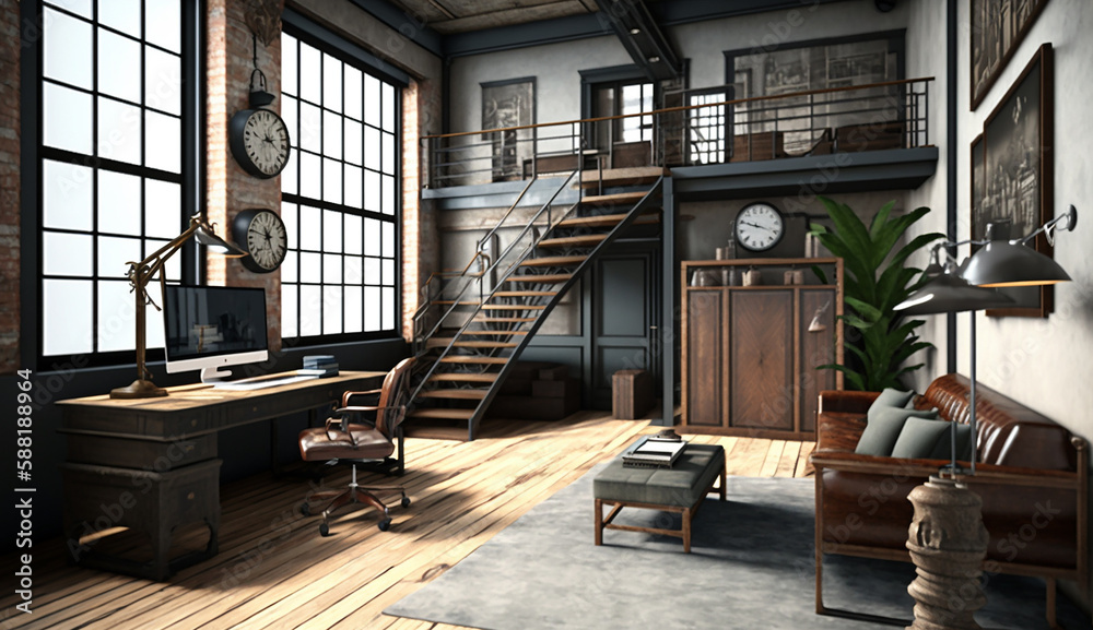 Fototapeta premium Office interior in a loft, industrial style, Generative AI
