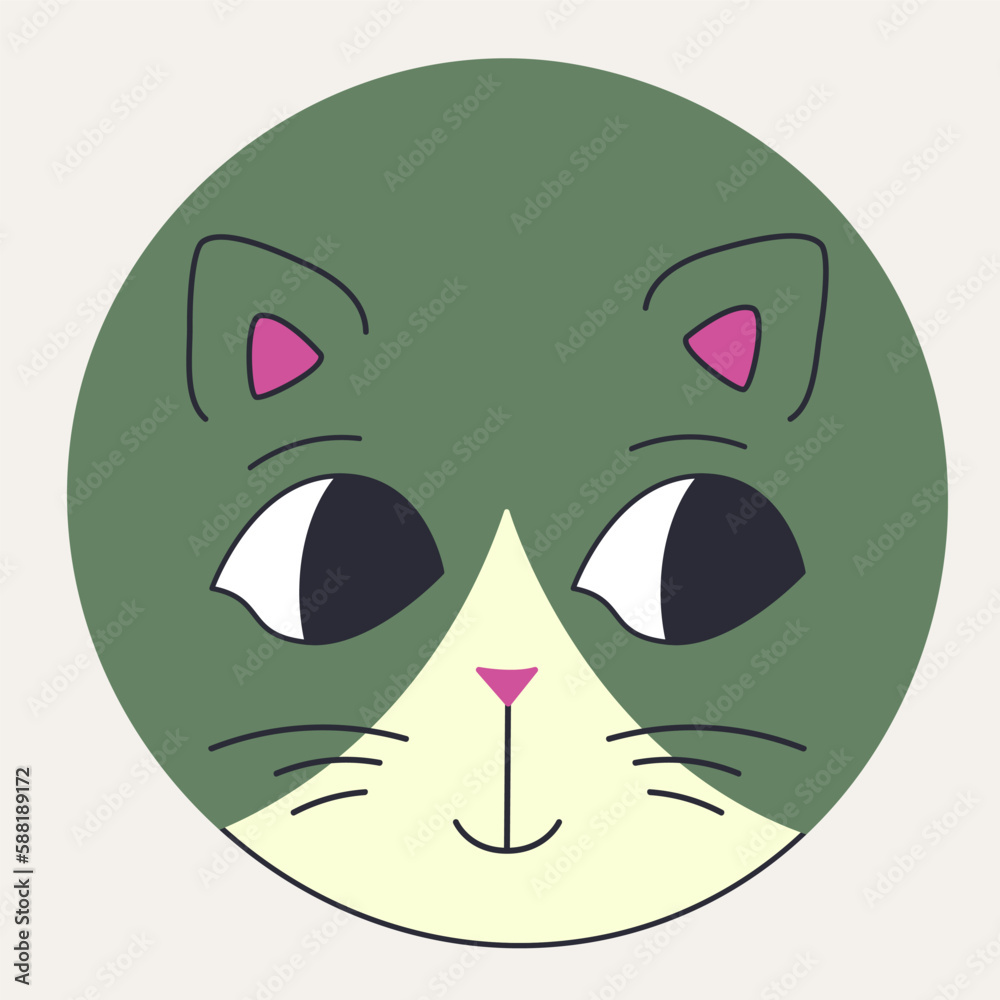Funny cat face, abstract personage, mascot design, funny face, cute icon.