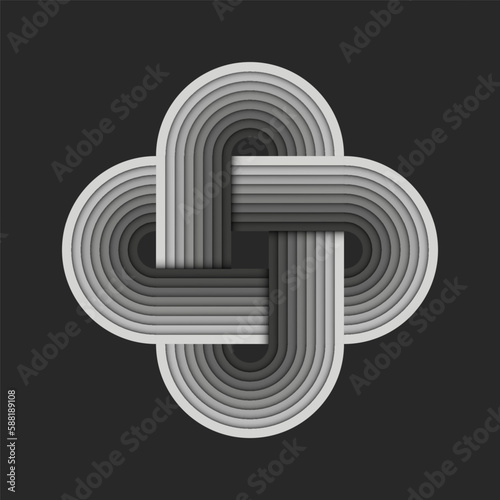 Cross rounded shape logo or plus sign made of gradient gray interlaced stripes with layered effect creative pattern symbol.