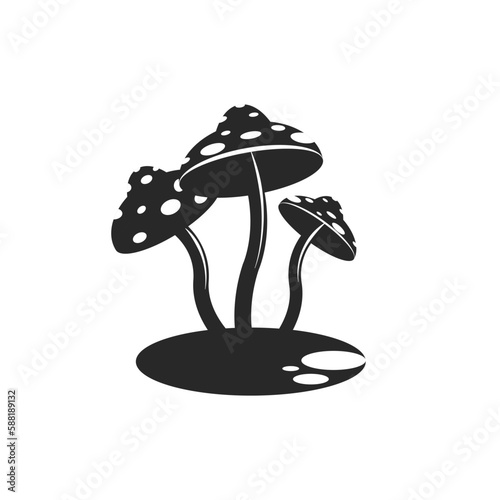 Fantasy amanita mushrooms isolated on white background, composition of three mushrooms, cartoon black and white illustration in negative space minimal style.