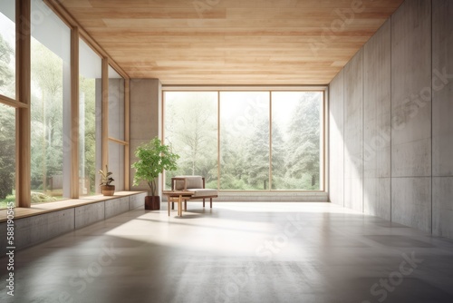Illustration of an empty room with minimalist furniture. Generative AI © AkuAku