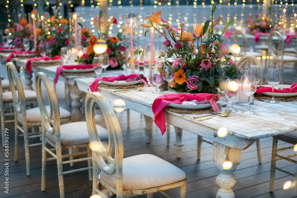Flower arrangements, chairs, wedding dinners