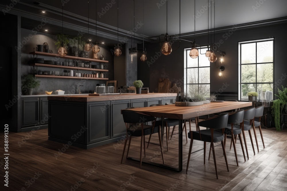 spacious kitchen with a rustic wooden table and black chairs. Generative AI