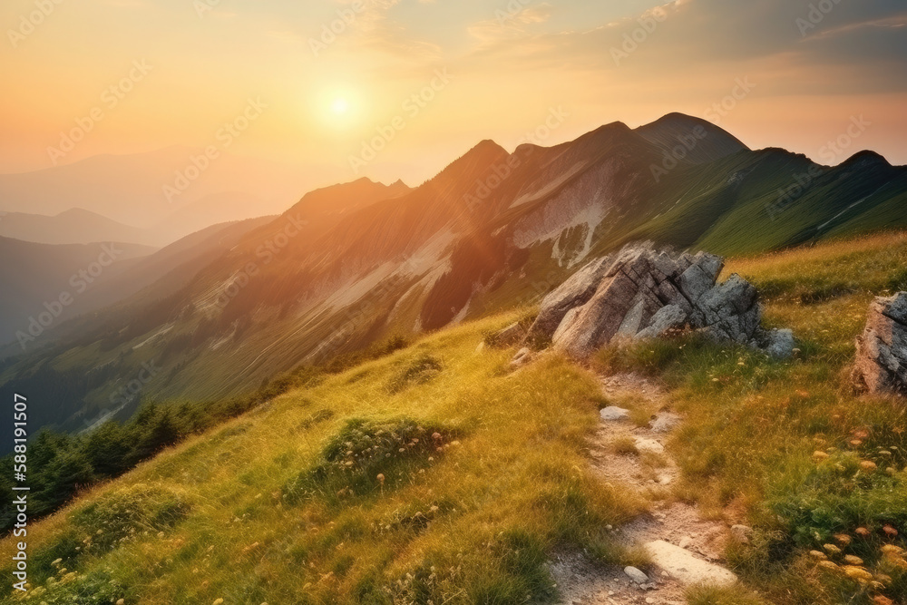 Mountains during sunset, beautiful nature landscape in summer