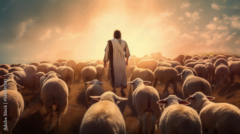 Jesus the good shepherd, guiding his sheep, christian concept, generative ai - obrazy, fototapety, plakaty 