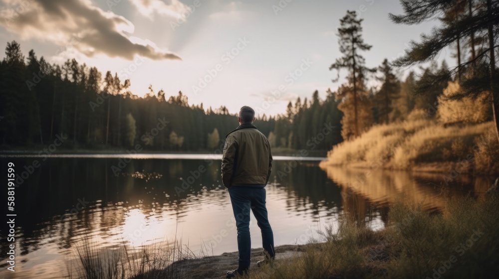 man looking at a lake, relaxing. generative ai