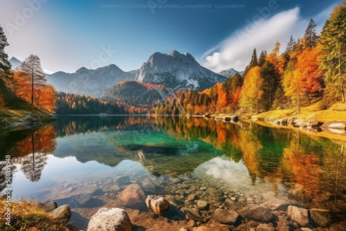 The beautiful autumn scene of the lake Hintersee Colorful morning view of Bavarian Alps on Austrian border  Germany  Europe. Nature beauty concept background