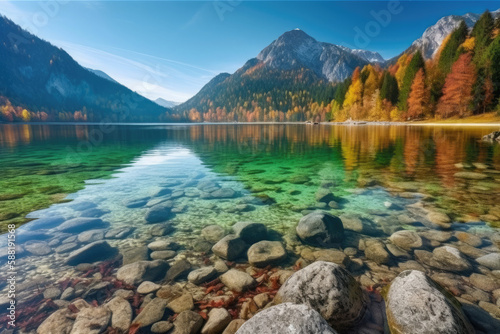 The beautiful autumn scene of the lake Hintersee Colorful morning view of Bavarian Alps on Austrian border  Germany  Europe. Nature beauty concept background