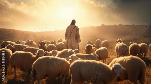 Jesus the good shepherd, guiding his sheep, christian concept, generative ai © ThisDesign