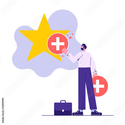 Value added, increase value or price of product to make profit, additional advantage or development for more benefit concept, businessman holding plus sign and added into star value 