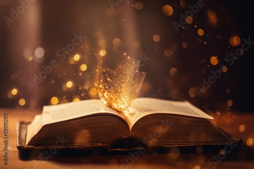 magic book with gold particles, generative ai