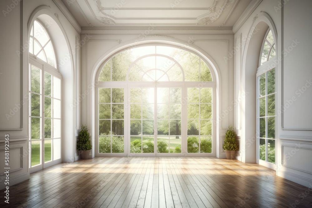 Fototapeta premium Illustration of an Empty Room with Large Windows and Wooden Flooring. Generative AI