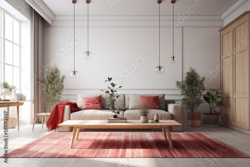 cozy living room with comfortable furniture and a vibrant rug. Generative AI