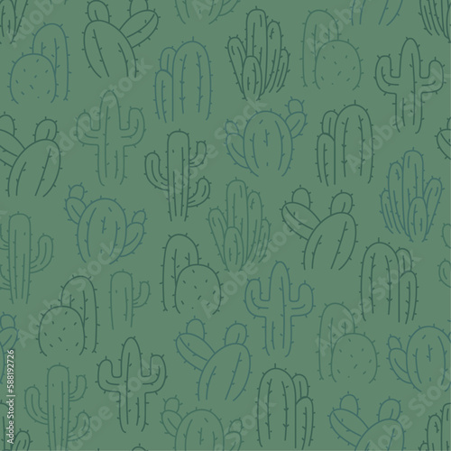 Green seamless pattern of cactus outline