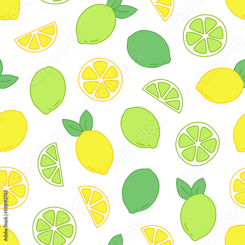 Green and yellow citrus seamless pattern of lime and lemon on transparent background