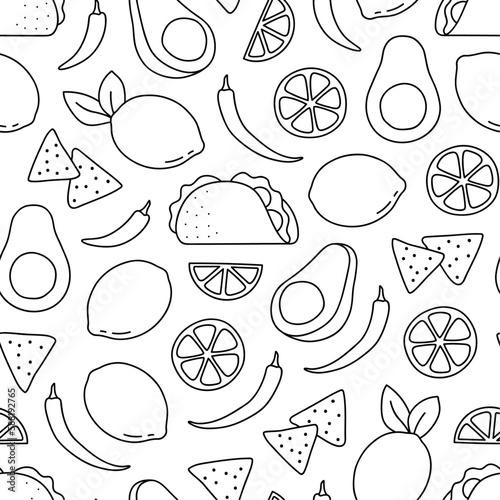 Black and white seamless pattern of Mexican food line doodle