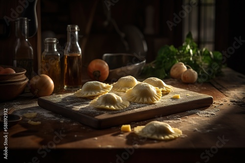 Close up homemade ravioli with beautiful kitchen background, generative AI tools.