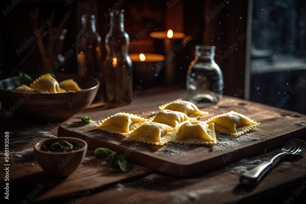 Close up homemade ravioli with beautiful kitchen background, generative AI tools.