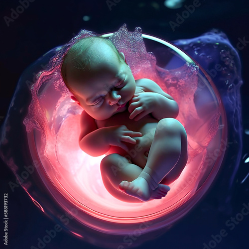 Fotomurale A surreal illustration depicting a fictional view from inside the womb of a human baby at 8 months gestation, showing the fully-formed fetus surrounded by amniotic fluid
