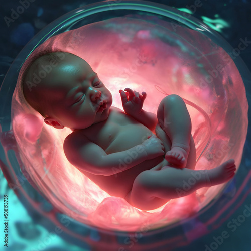 Fotografia A surreal illustration depicting a fictional view from inside the womb of a human baby at 8 months gestation, showing the fully-formed fetus surrounded by amniotic fluid