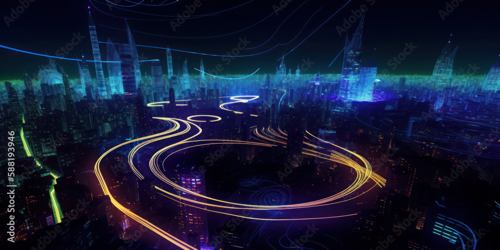 spiraling alien fractal cityscape, blending organic and geometric shapes, neon and laser lights, as seen approaching the planet