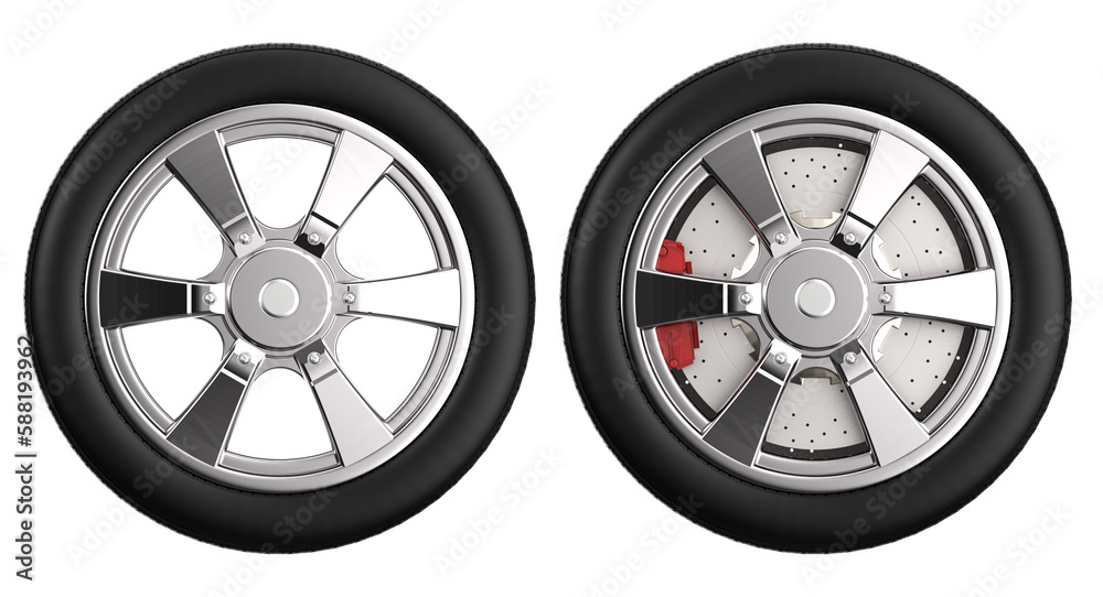 Fototapeta premium Black tire with metallic wheel isolated on white