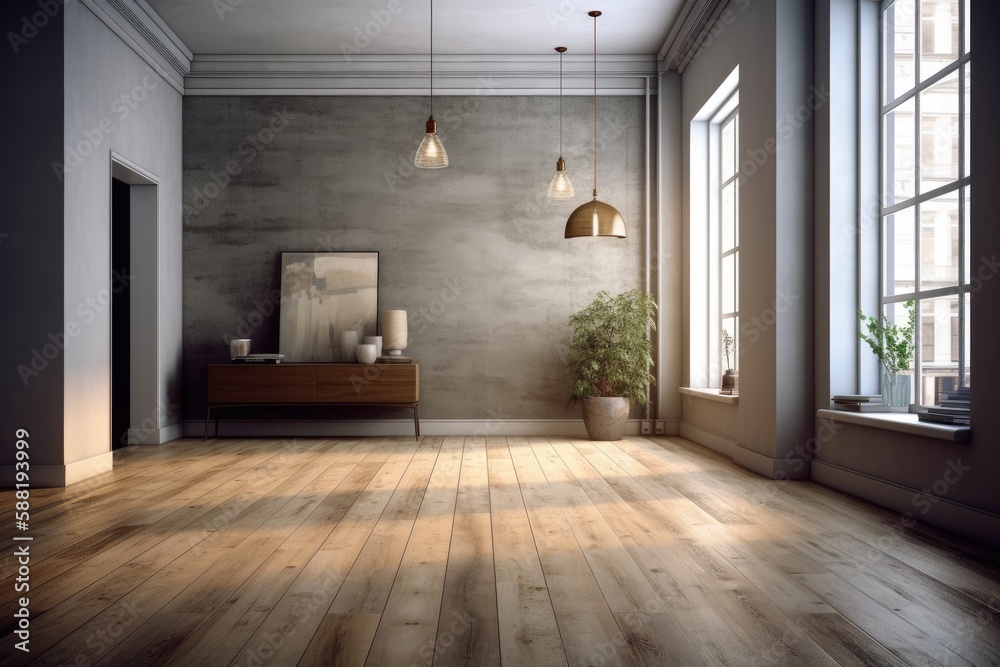 Illustration of an empty room with a green potted plant in the corner. Generative AI Illustration of an empty room with a green potted plant in the corner. Generative AI