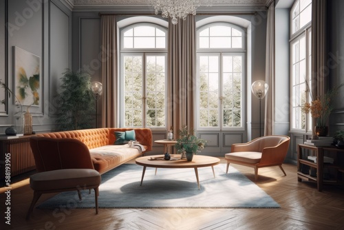 luxurious living room with elegant furniture and a sparkling chandelier. Generative AI