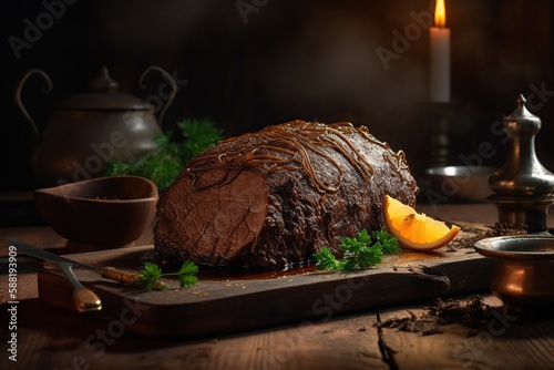 Close-up delicious Sauerbraten with a sauce,  with beautiful kitchen background, and generative AI tools. photo