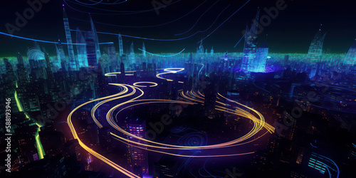 spiraling alien fractal cityscape, blending organic and geometric shapes, neon and laser lights, as seen approaching the planet