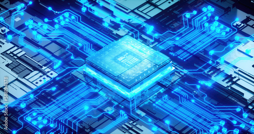 3D rendering of cyberpunk AI. Circuit board. Technology background. Central Computer Processors CPU and GPU concept. Motherboard digital chip. Tech science background.