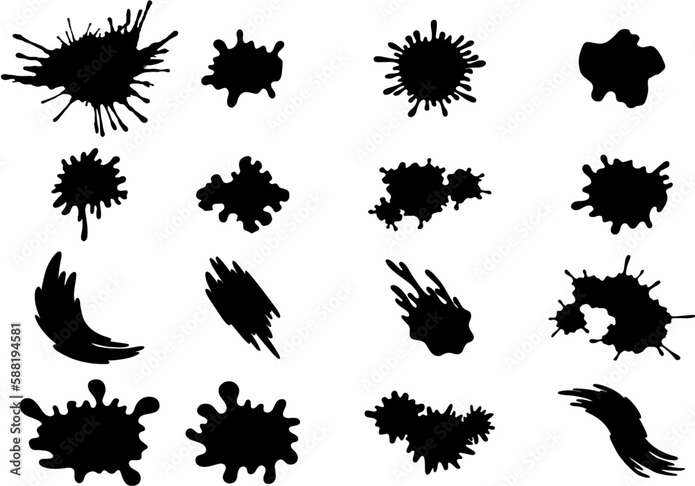 Paint and Ink drops and splashes. Blotter spots, liquid paint drip drop splash and ink splatter. Editable vector, monochrome drip splash, splat messy inkblots.