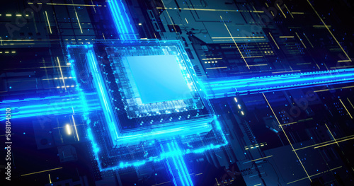 3D rendering of cyberpunk AI. Circuit board. Technology background. Central Computer Processors CPU and GPU concept. Motherboard digital chip. Tech science background.