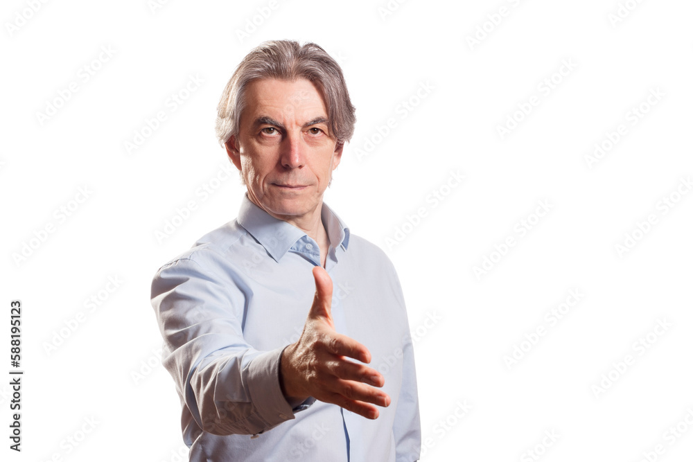 Portrait of an elderly businessman on an isolated background, extending his palm forward to greet. Portrait of an elderly businessman on an isolated background, extending his palm forward to greet.