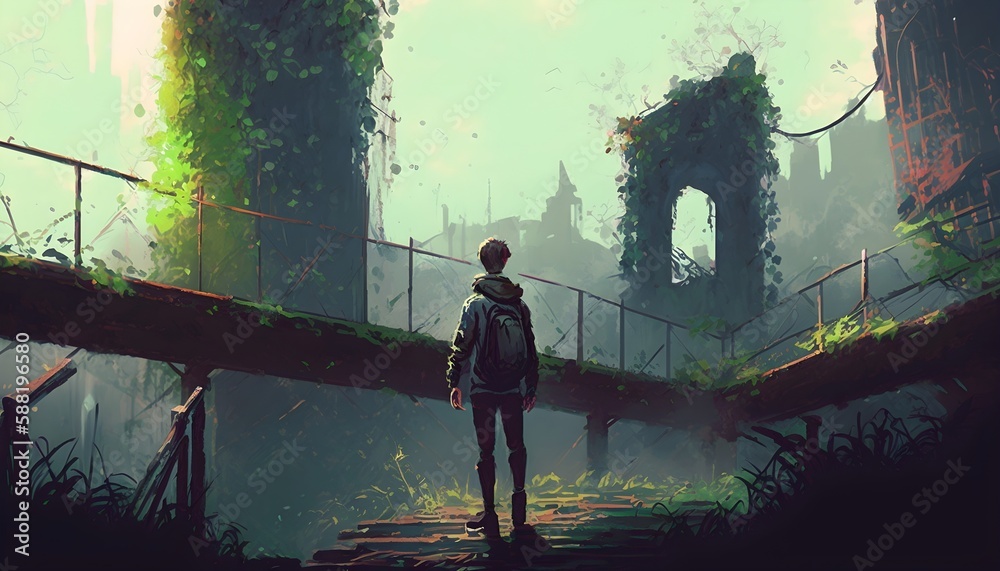 man standing on old bridge in overgrown city, illustration painting, Generative AI