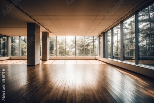 Illustration of an empty room with natural light streaming in through large windows and wooden flooring. Generative AI