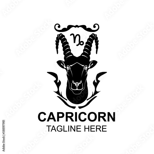 Zodiac capricorn horoscope astrology logo vector in black and white silhouette modern design. Elegant symbol and aesthetic icon template
