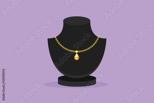 Cartoon flat style drawing female bust mannequin with necklace. Black neck model rack with collar of pearls. Ladies holder jewelry, bijouterie. Jewelry bust concept. Graphic design vector illustration