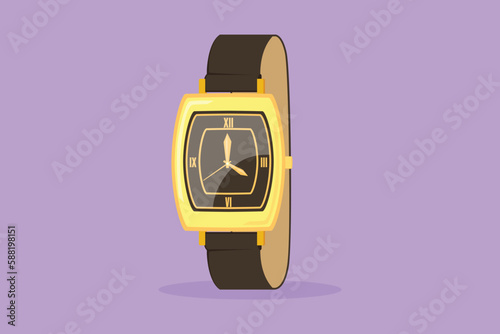Cartoon flat style drawing hand wrist watches design with leather bracelet and metal gold dial. Analog wristwatch. Arm clocks, watch with strap. Time accessory logo. Graphic design vector illustration