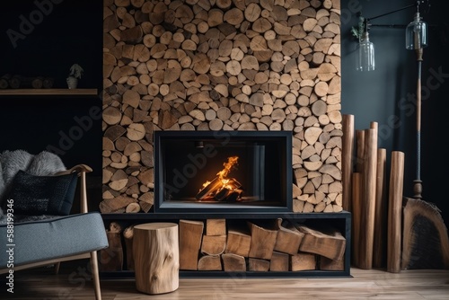 cozy fireplace with stacked logs. Generative AI